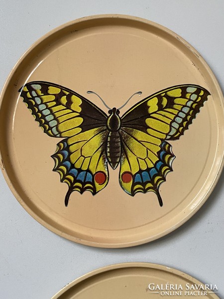 2 Retro round metal trays with butterfly decoration, 24 cm