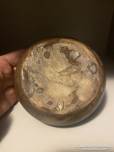 Industrial artist's fiber sphere vase with decorative liquid brown glaze