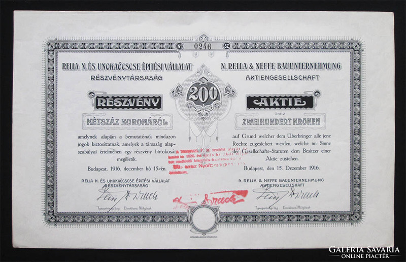 Rella n. And his nephew construction company shares 200 crowns 1916
