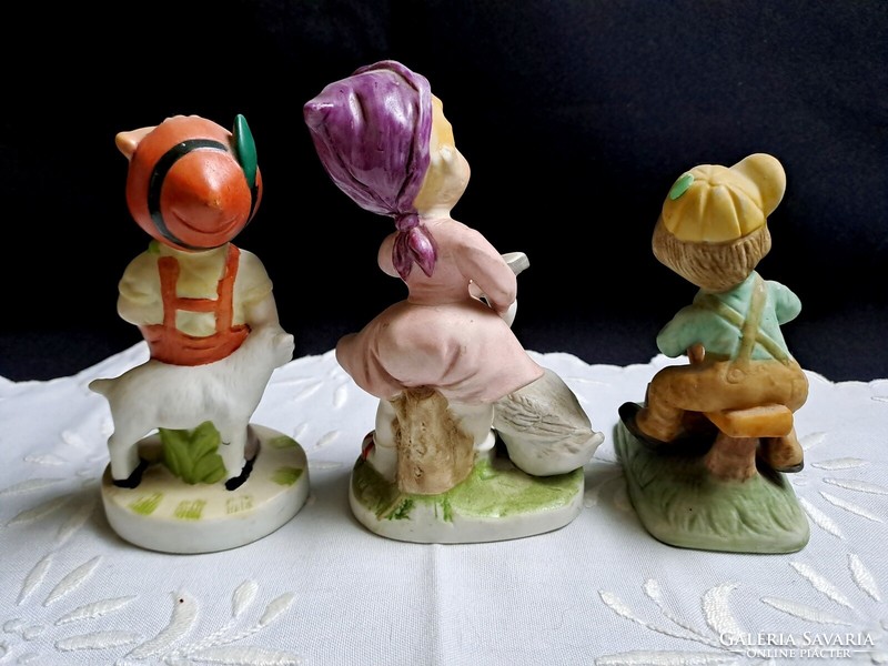 Little girl with a goose, little boy with a seesaw and a lamb, 3 pieces of biscuit porcelain
