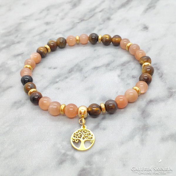 Peach moonstone and tiger eye mineral bracelet with stainless steel spacer