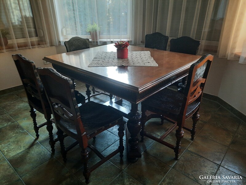 Dining set. German pewter dining table and 6 Viennese baroque chairs.