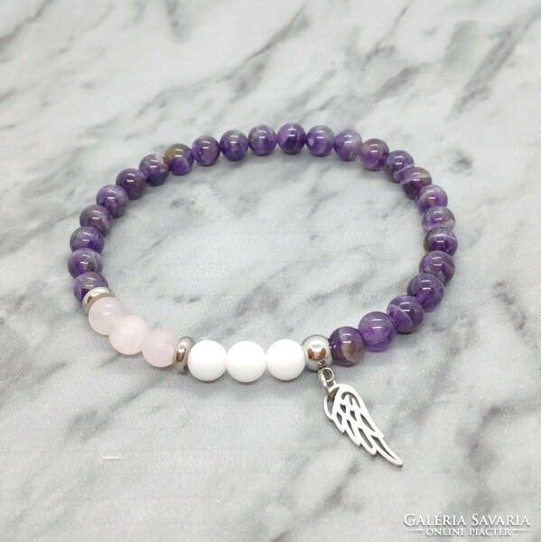 Amethyst, rose quartz and jade mineral bracelet with stainless steel spacer