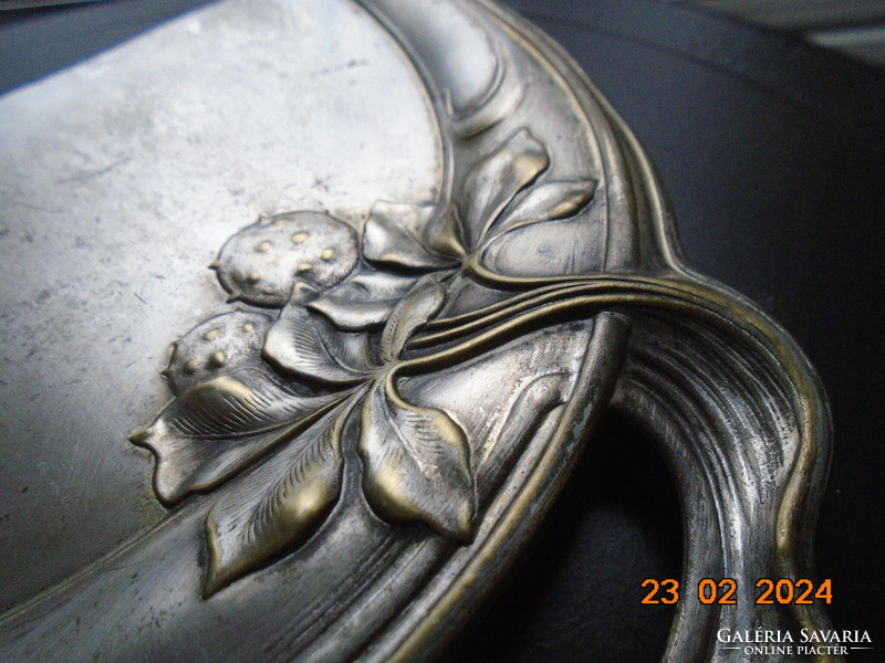 Silver-plated Art Nouveau handmade wall decoration crumb tray decorated with repoussé fruit and flowers