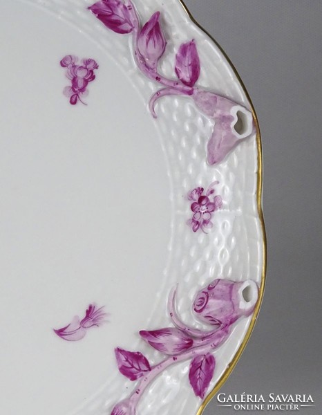 1Q484 Régi rózsaszín virág mintás sérült Herendi porcelán kínáló tál tálca 25 x 32 cm