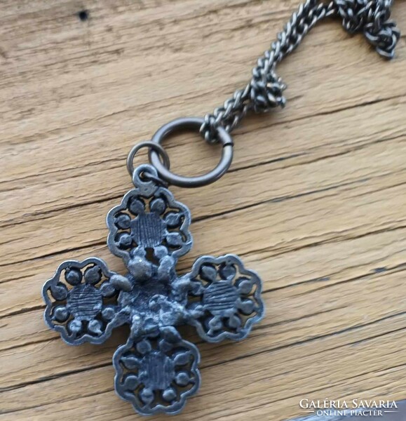 Old studded bronze cross pendant with chain - neck blue