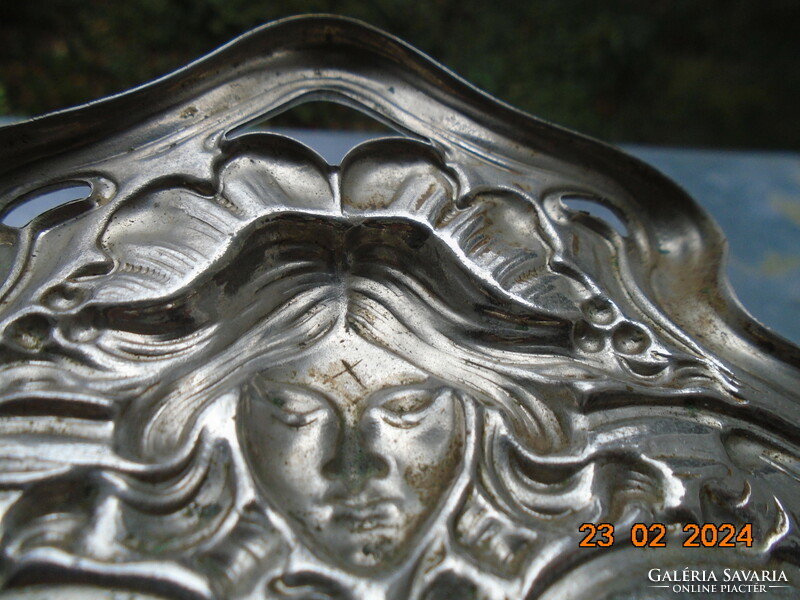 Art Nouveau handmade wall decoration crumb tray with repoussé lady's head and flowers