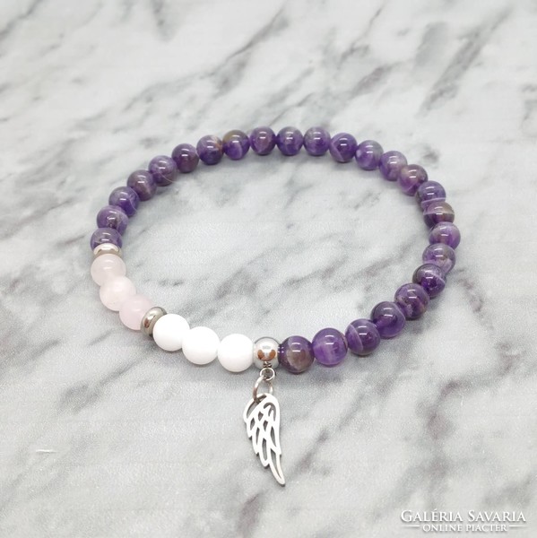 Amethyst, rose quartz and jade mineral bracelet with stainless steel spacer