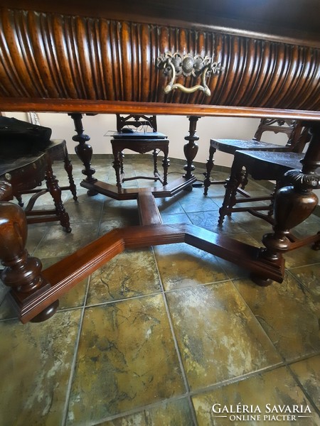 Dining set. German pewter dining table and 6 Viennese baroque chairs.