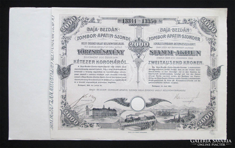 Baja-Bezdán-Zombor-Apatin-Szondi railway common stock 2000 crowns 1912 (srb)