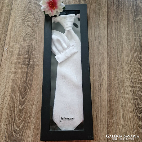 ESKÜVŐ NYD08 - Hófehér színű virág mintás selyem szatén nyakkendő + díszzsebkendő