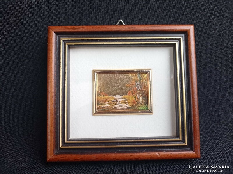 Miniature golden picture, wall picture printed on a gilded plate, landscape