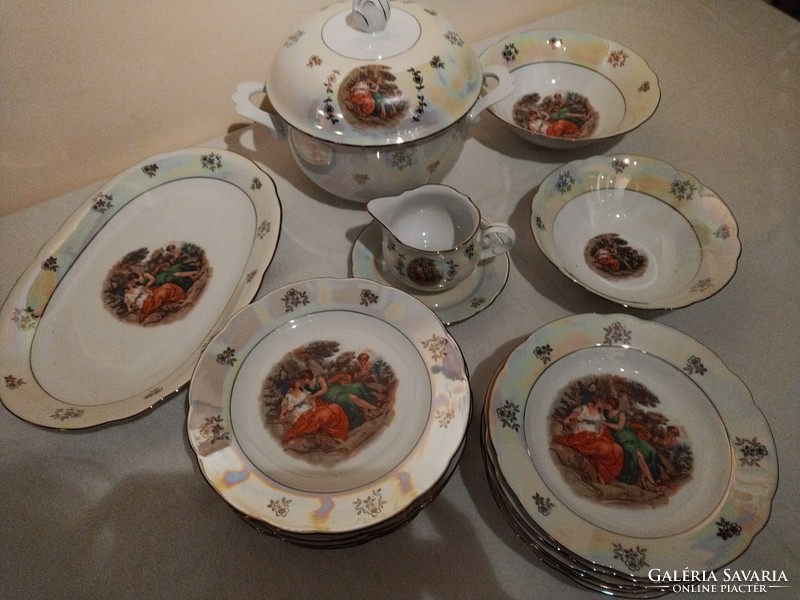 Luster-glazed, scenic German Kahla porcelain tableware