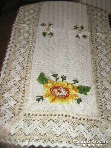 Beautiful floral hand embroidered lacy edged woven tablecloth running