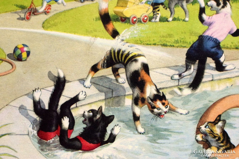 Régi retro humoros grafikus képeslap cica  - baleset a parkban