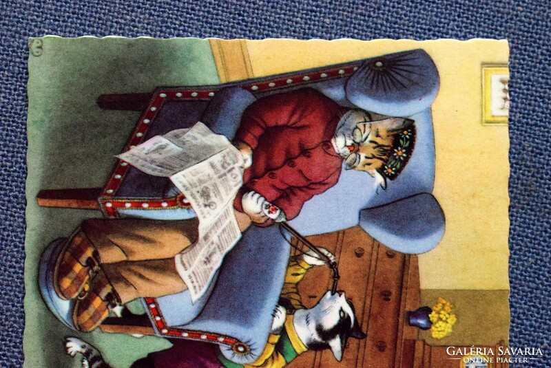 Régi retro humoros grafikus képeslap cica  család , nagymama varr , nagypapa alszik ..