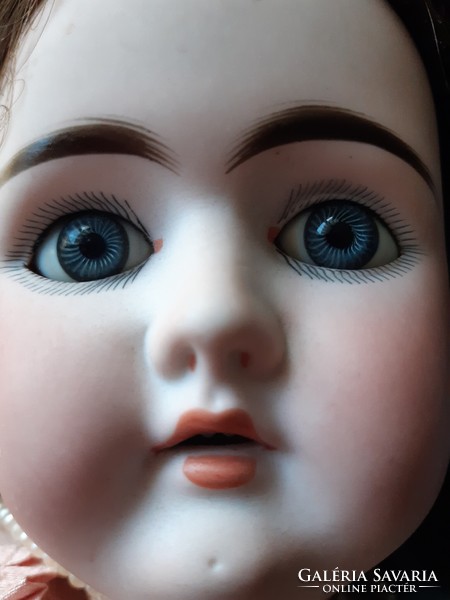 Old antique porcelain head doll with unknown mark, approx. 62 Cm