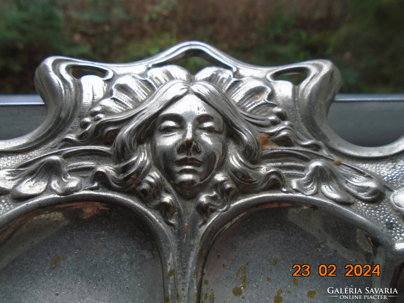 Art Nouveau handmade wall decoration crumb tray with repoussé lady's head and flowers