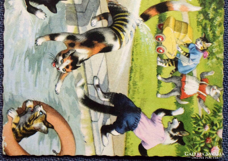 Régi retro humoros grafikus képeslap cica  - baleset a parkban
