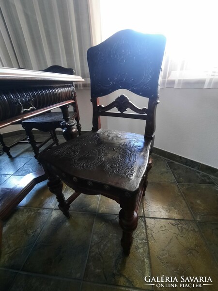 Dining set. German pewter dining table and 6 Viennese baroque chairs.