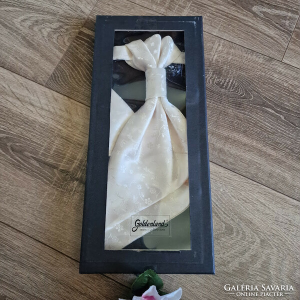 Wedding nyd10 - ecru flower print silk satin tie + decorative pocket square