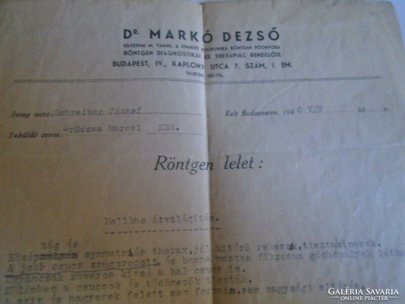 ZA488.30  - Röntgen lelet- Dr. Markó Dezső  aláírásával  1940 Budapest