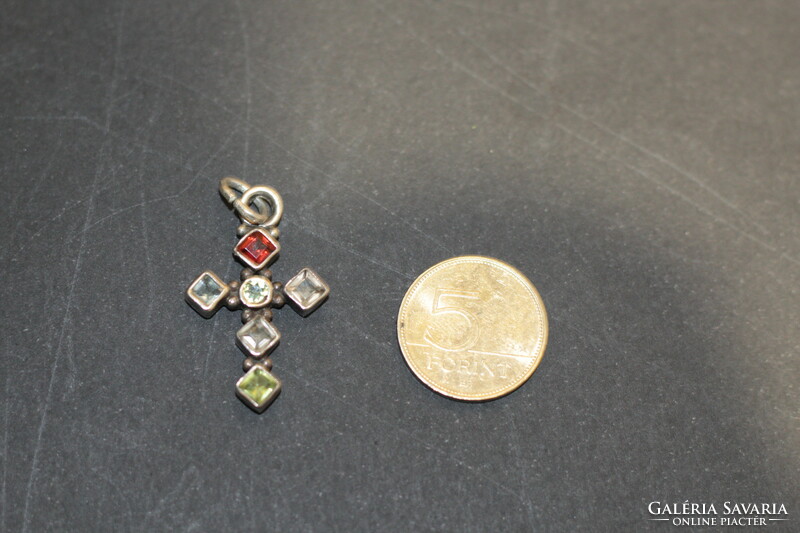 Silver cross pendant with real stones