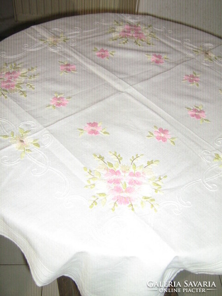 Wonderful hand embroidered spring mood vintage floral needlework tablecloth