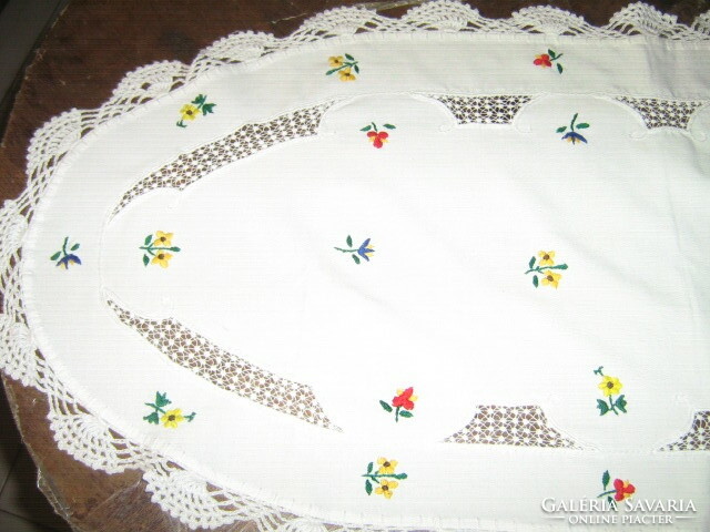 Beautiful hand-crocheted laced edge embroidered riselle needlework tablecloth
