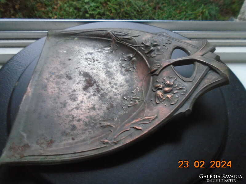 Art Nouveau bronzed hand-made metal wall decoration crumb tray decorated with a repoussé flower motif