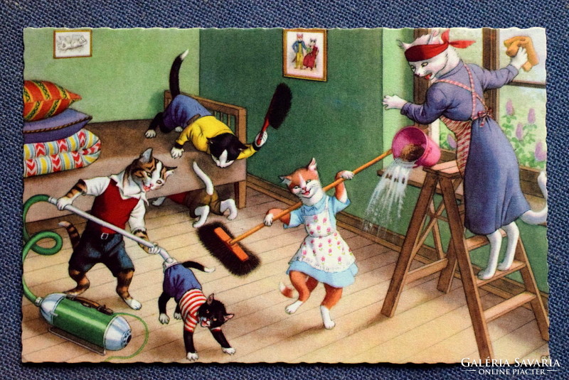 Old retro humorous graphic postcard cat family - cleaning