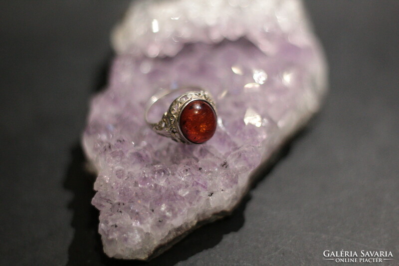 Silver ring with amber stones