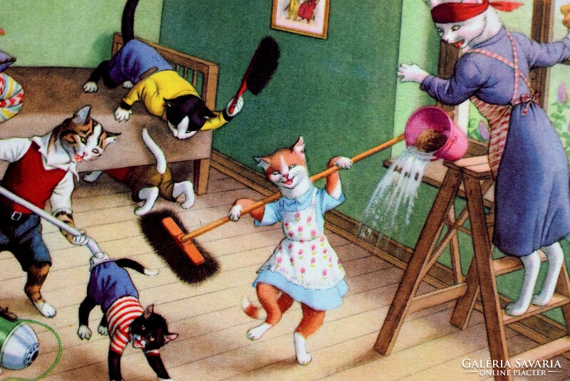 Régi retro humoros grafikus képeslap cica  család  - takarítás