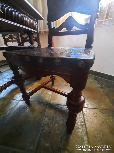 Dining set. German pewter dining table and 6 Viennese baroque chairs.