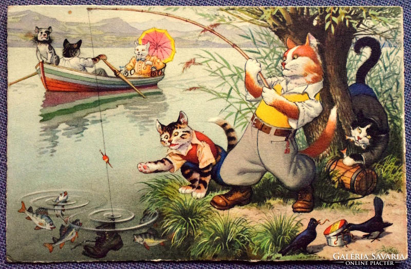 Old retro humorous graphic postcard cat fishermen, boaters