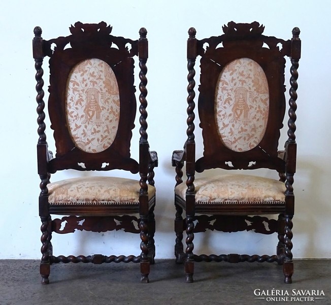 1Q563 pair of antique carved upholstered angel ornate throne chairs