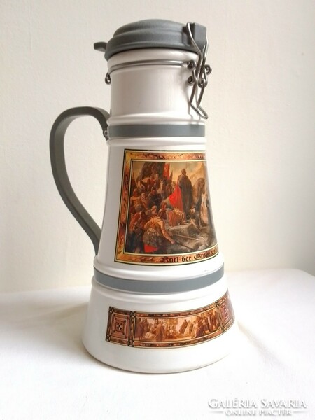 Huge 2 l German glass beer krigli jug demizson Great Charlemagne scene with metal handle and buckled lid