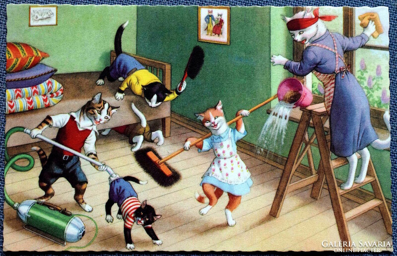 Old retro humorous graphic postcard cat family - cleaning