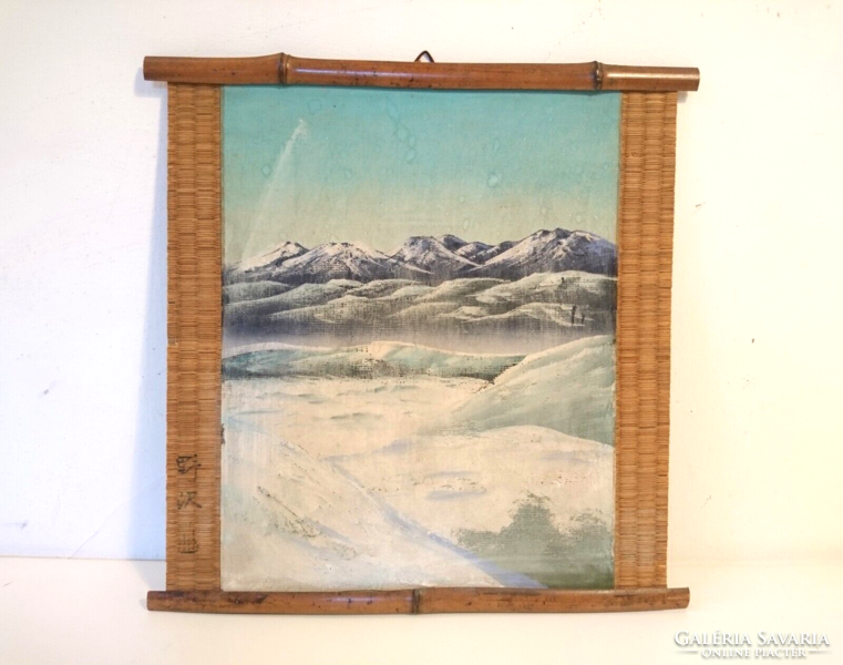 Old Japanese landscape painting, canvas on wooden board, bamboo frame, tempera? - Signed