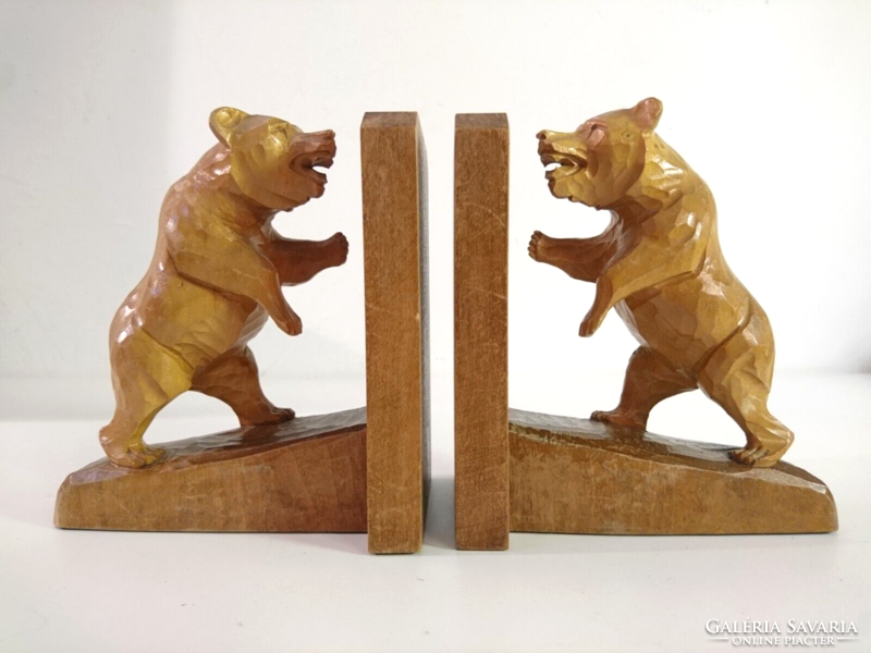Pair of vintage wooden hand carved bear bookends