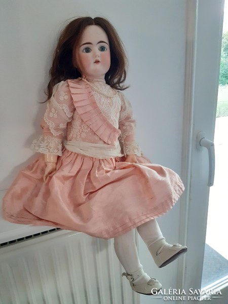 Old antique porcelain head doll with unknown mark, approx. 62 Cm