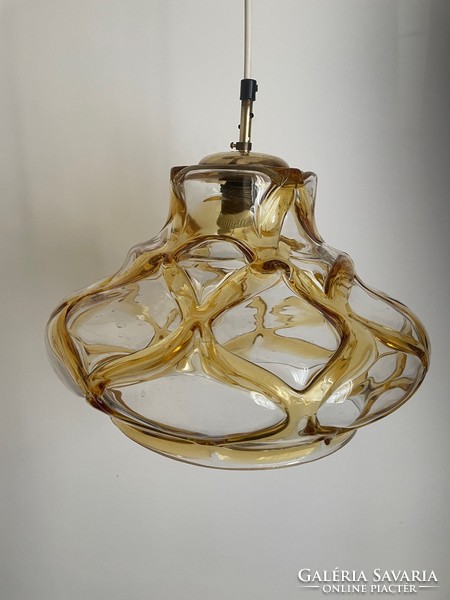 Mid century üveg függeszték lámpa 34cm réz mézüveg - retro design vintage