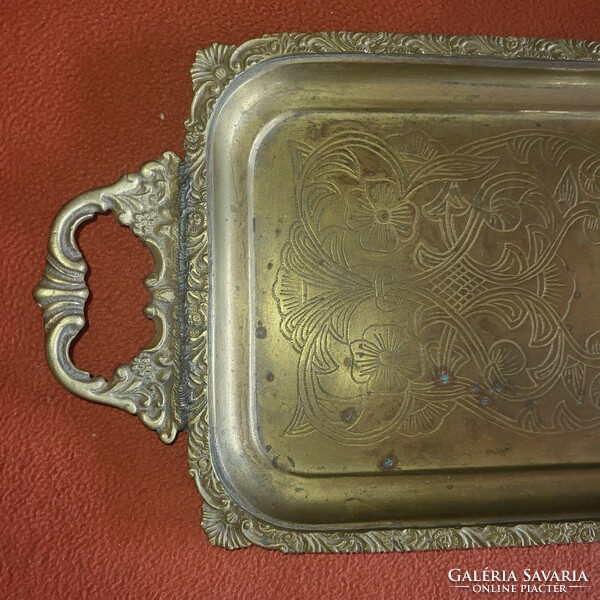 Huge patina engraved copper tray with handles 59x23 cm, 1.7 kg,