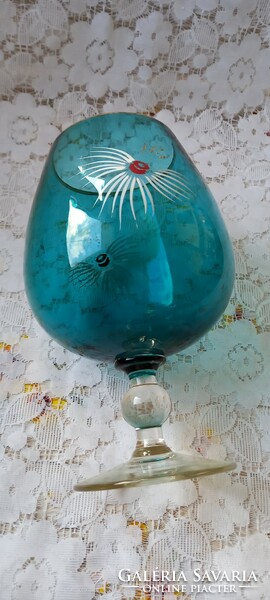 Türkiz színű nagy méretű talpas üveg pohár, kehely