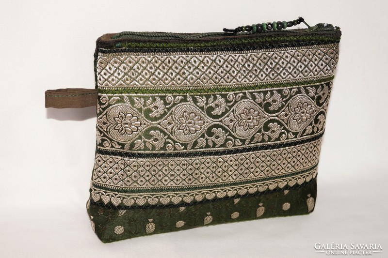 Green, silver, floral, recycled cosmetic case made of Indian sari