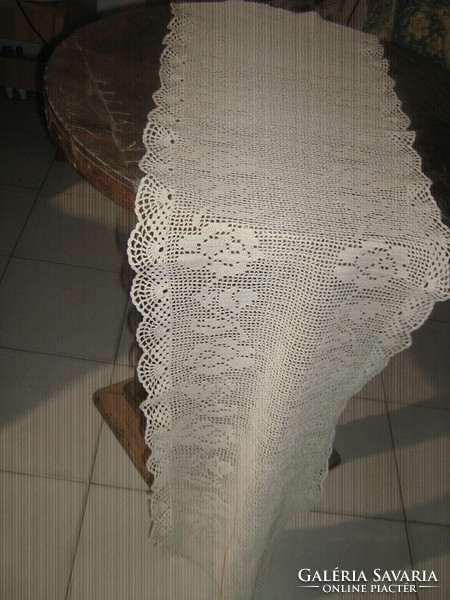 Beautiful ecru crocheted antique lace tablecloth large runner