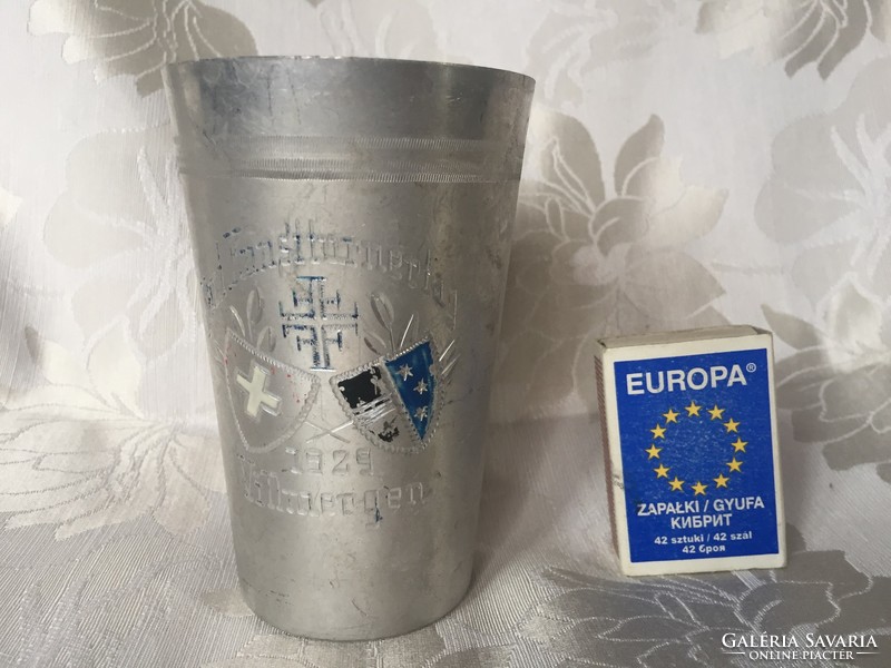 Swiss aluminum cup with old inscription, commemorative cup with 1929 villmergen inscription