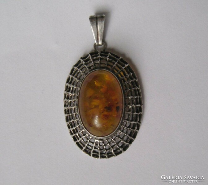 Large fischland amber design silver pendant