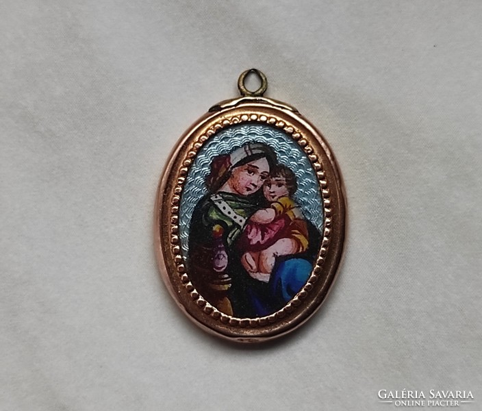 Antique porcelain pendant in 14 kt gold frame hand painted Mary with little Jesus for sale!