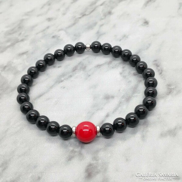 Onyx and coral mineral bracelet with stainless steel spacer